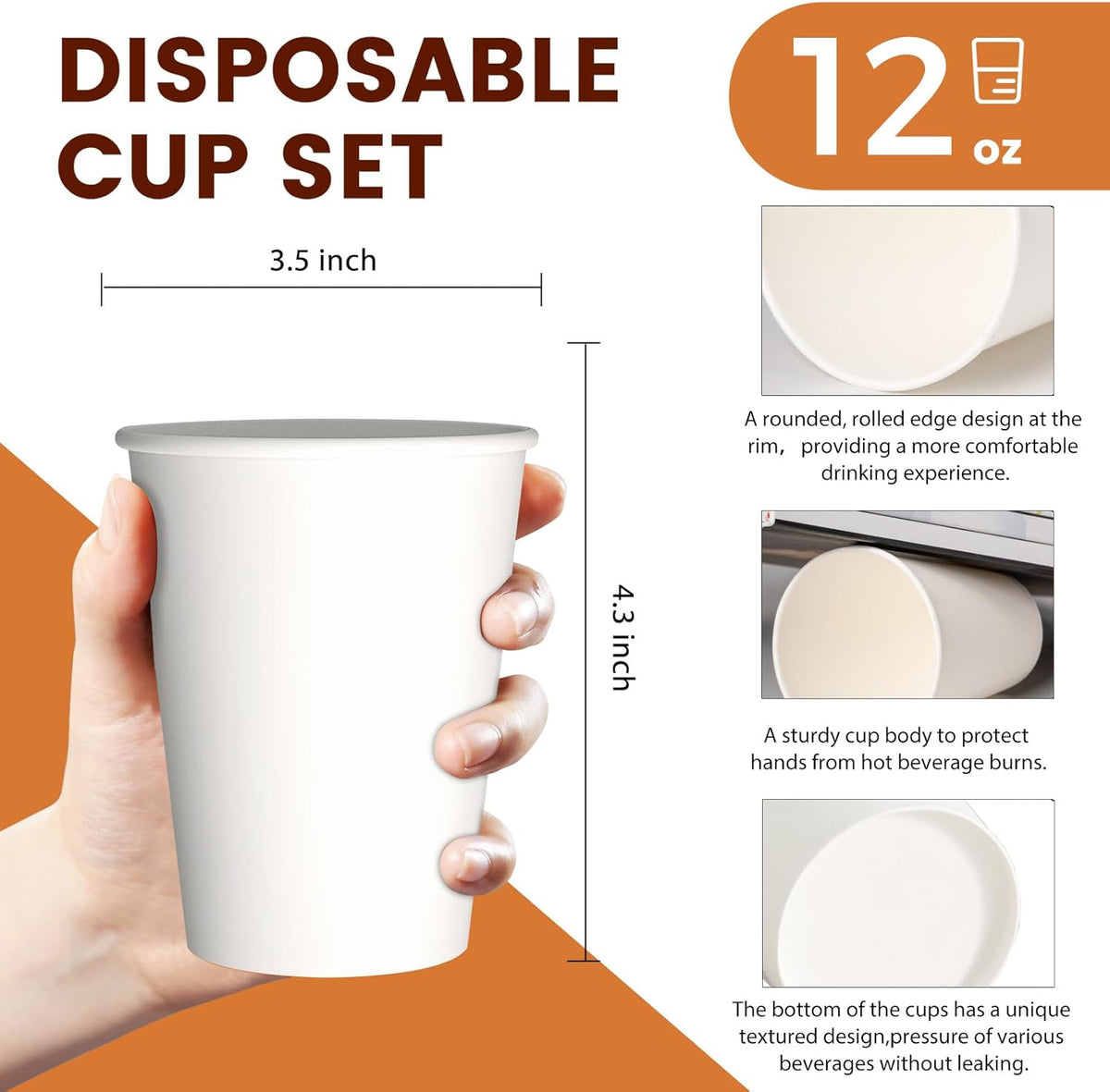 1000 Count 12 OZ Disposable Paper Cups, paper Coffee Cups, Leak-Proof, Extra-Thick，Perfect for Office Party Home Travel Businesses and Events.