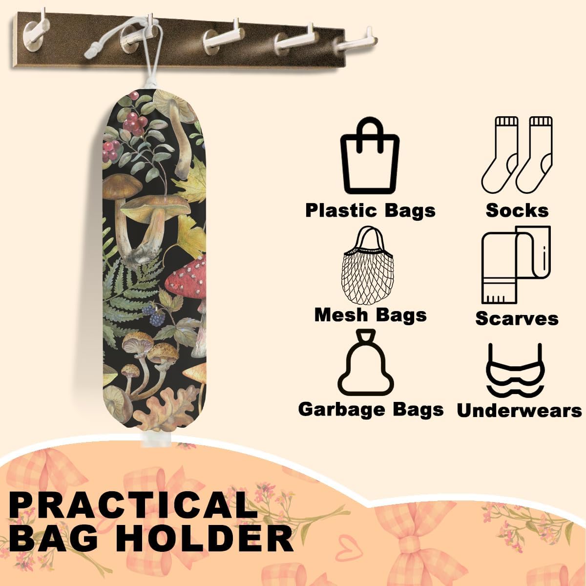 2Pcs Mushroom Plastic Bag Holder, Wall Mount Grocery Bag Holder for Plastic Bags, Summer Leaves Reusable Shopping Bags Storage Dispenser for Home Kitchen Pantry, Mushroom Gifts for Women
