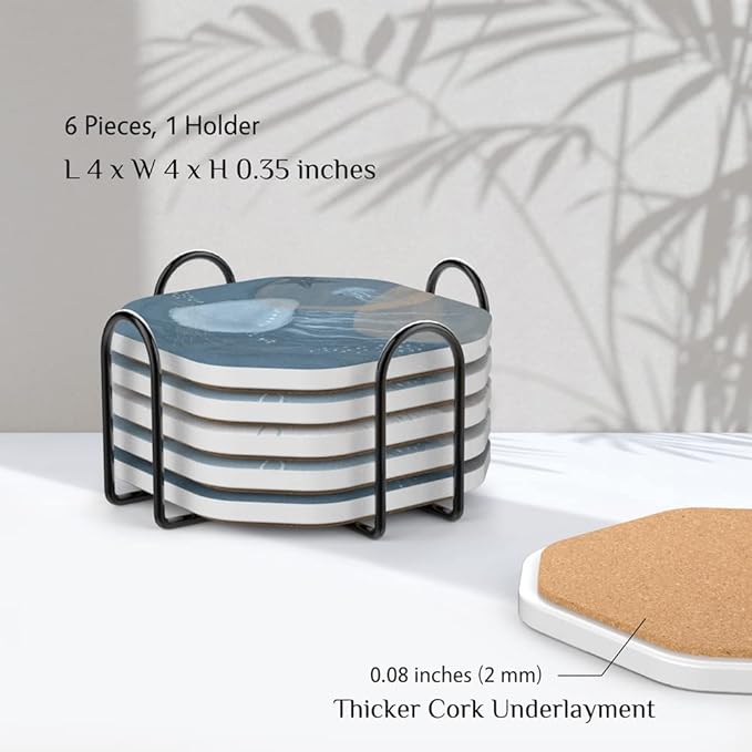 UMIRRO Ceramic Stone Coasters for Drinks Absorbent with Holder, Coastal Themed Design for Beach Lovers, Ocean Inspired Stoneware Cup Coasters for Wooden Coffee Table, 4", Octagonal, Blue, 6 Pack