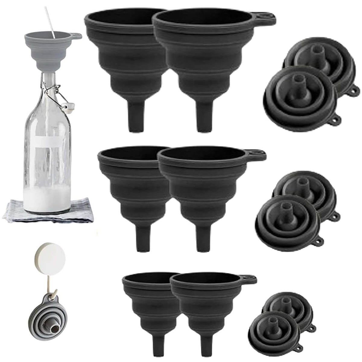 Kitchen Funnel Set, 2025 Upgrade Silicone Collapsible Funnel Silicone Collapsible Food Funnels for Kitchen 3 Sizes Funnels for Home Use Filling Bottles Daily Cooking (Black, 2Set 11+14+20g)
