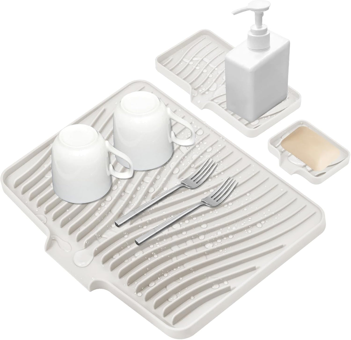 Silicone Dish Drying Mat for Kitchen Counter, Dish Drying Pad, Non-Slip Drain Pad with Built-in Drain, Heat Resistant Stone Drying Mat, 3 pcs (Cream)