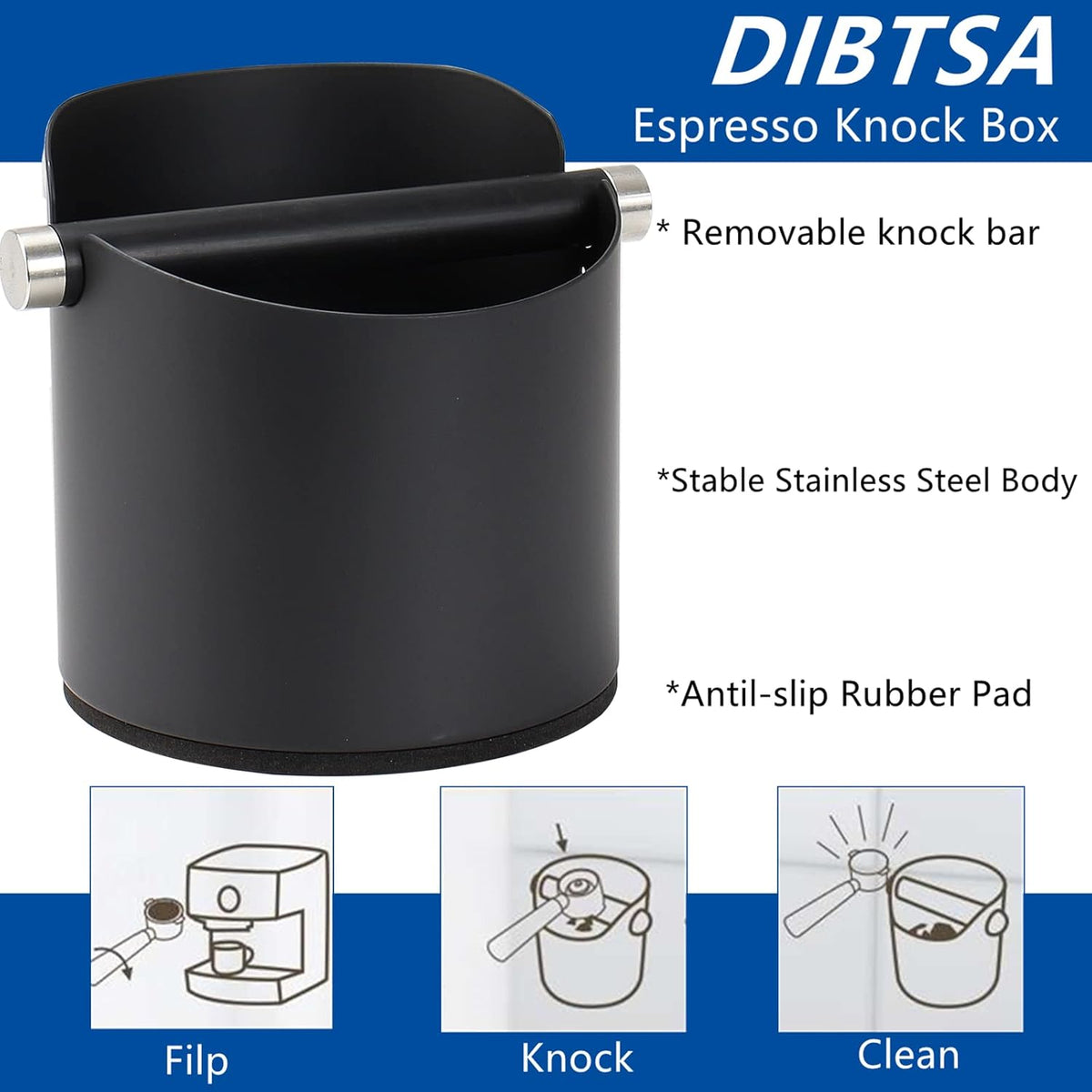 DIBTSA Large Size Coffee Knock Box, Espresso Knock Box Stainless Steel Espresso Machine Accessories with Removable Knock Bar and Non-Slip Base Coffee Grounds Container Bin (Black)