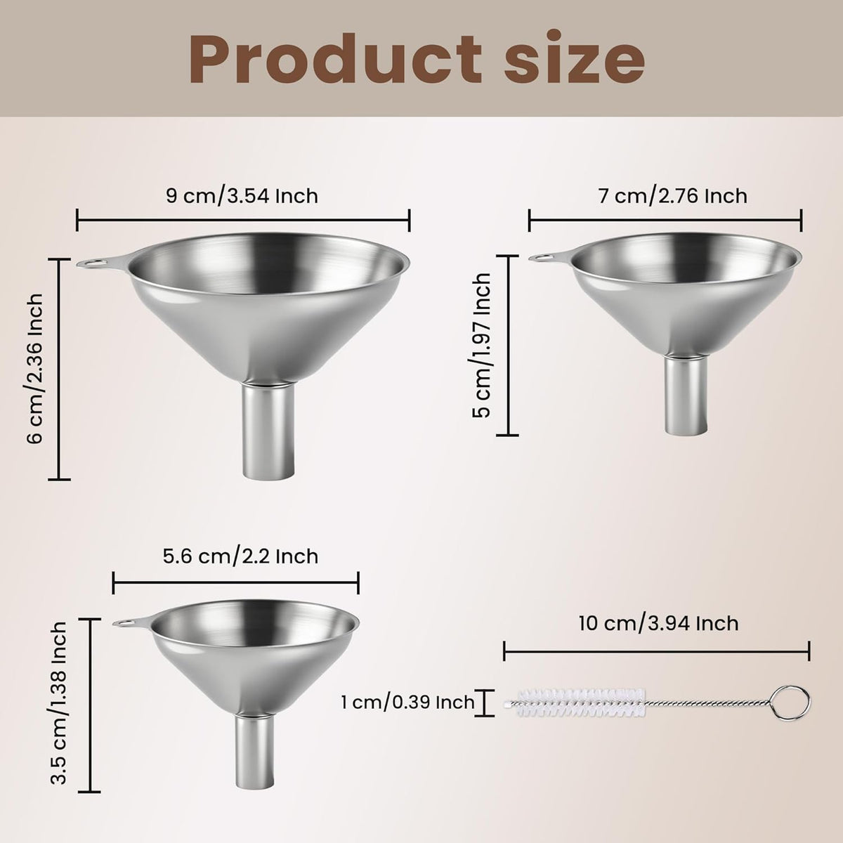 Supercenter Kitchen Funnel, Stainless Steel Mini Funnel, Set of 3, Perfect for Transferring Liquids, Oils, Powders, Spices, with Round Ring and Cleaning Brush