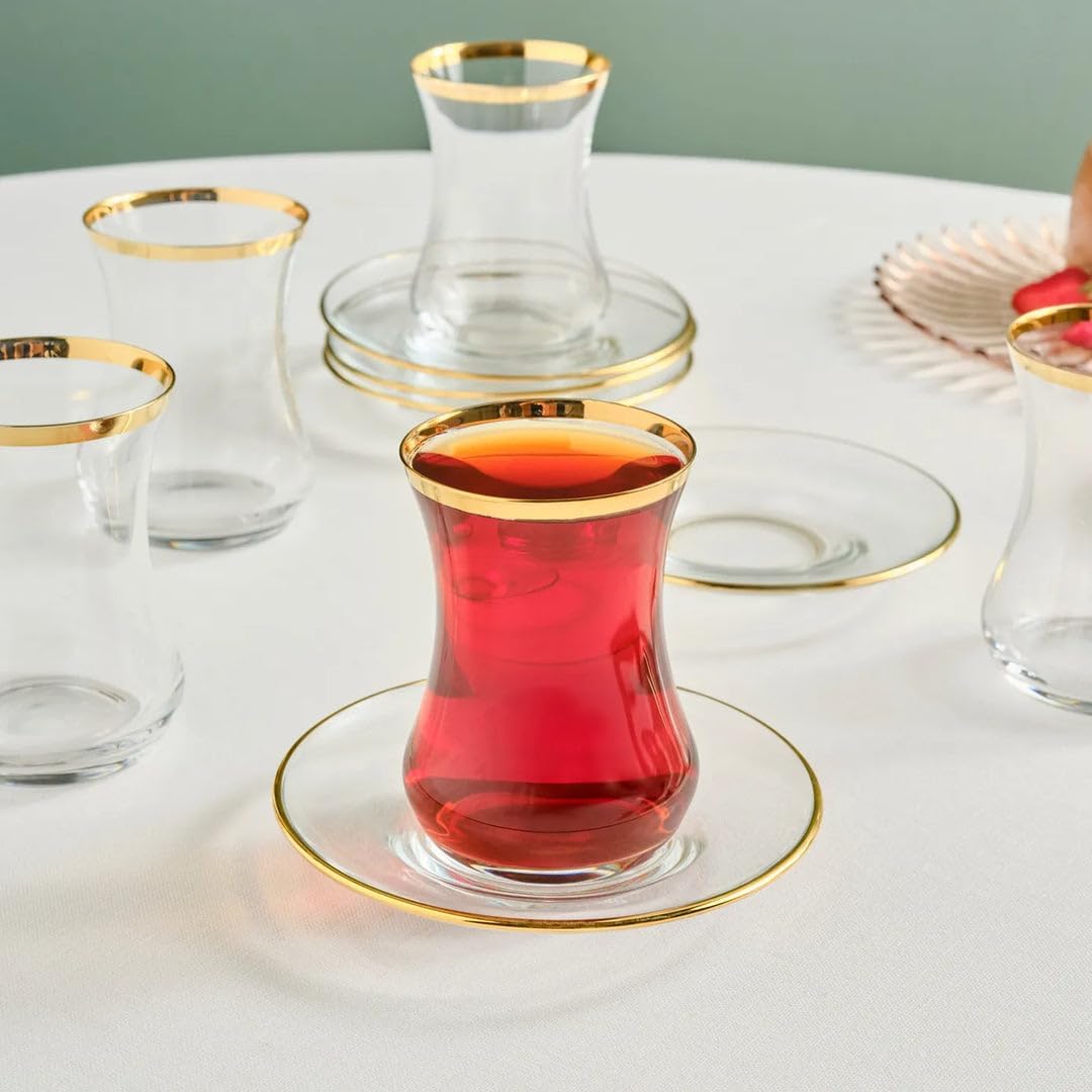 KARACA Sydney Glass Turkish Tea Set for 6 People, Gold, 12 Pieces Tea Service, 6 Turkish Tea Glasses with Saucers, Glass, 5.4 fl oz Tea Plates/Saucers