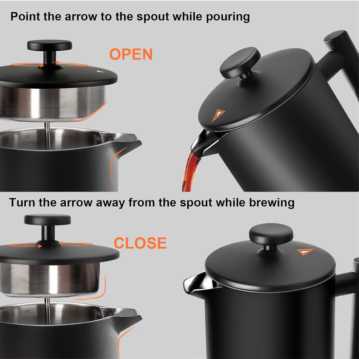 Secura French Press Coffee Maker with 3-Layer Stainless Steel Filter, 34 oz Black, Double-Walled Insulated Design with 2 Extra Filters