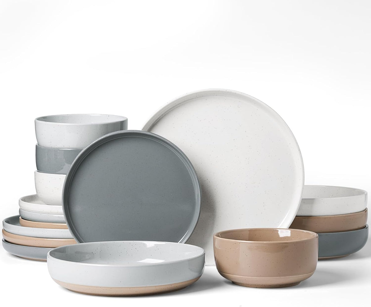 Famiware Milkyway Stoneware Dinnerware Sets with Pasta Bowls, Service for 4 (16 Pieces), Plates and Bowls Sets -Scratch Resistant, Microwave and Dishwasher Safe Dishes Set, Multi-color
