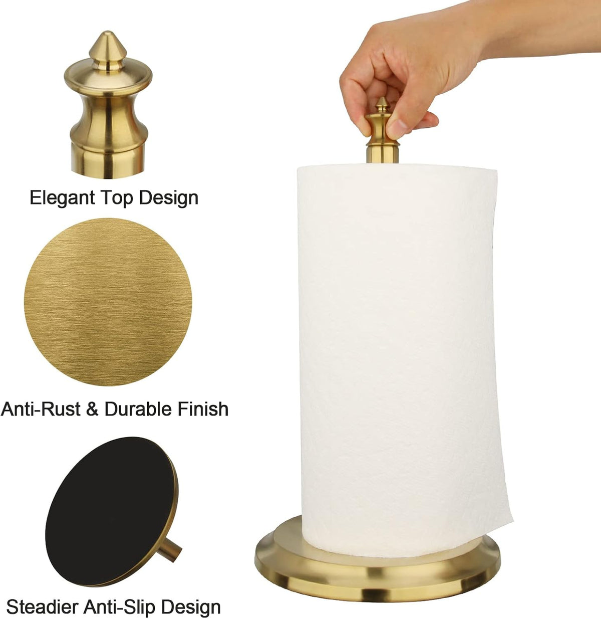 Akicon Paper Towel Holder Stand for Kitchen Countertop & Dining Room Table (Brushed Gold Brass, Classical)