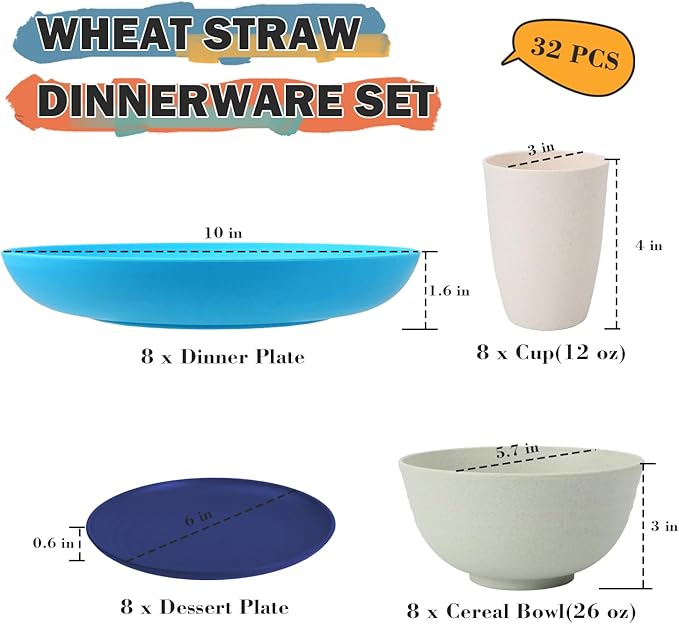 Wheat Straw Dinnerware Sets of 32, Unbreakable Plates and Bowls Sets Service for 8, Dinner Plate/Dessert Plate/Bowl/Cup, for Outdoor Camping RV Apartment Essentials - Island Color