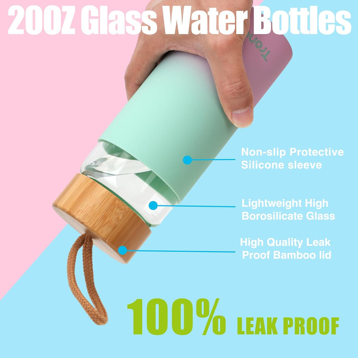 Tronco 20oz Borosilicate Glass Water Bottle with Bamboo Lid, Non-Slip Silicone Sleeve, Leak-Proof and Reusable Glass Bottle Perfect for gifts,Travel, Gym, and Everyday Use, BPA-Free, Dishwasher Safe