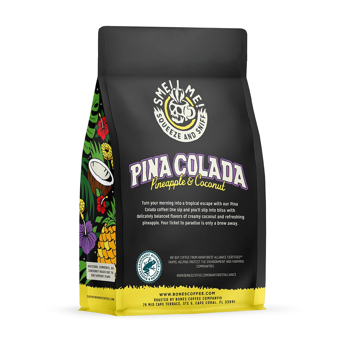 Bones Coffee Company Pina Colada, Pineapple and Coconut Flavored Coffee, Medium Roast Low Acid Arabica Beans Compatible with Auto drip and French Press Coffee Maker, 12 Oz Whole Bean