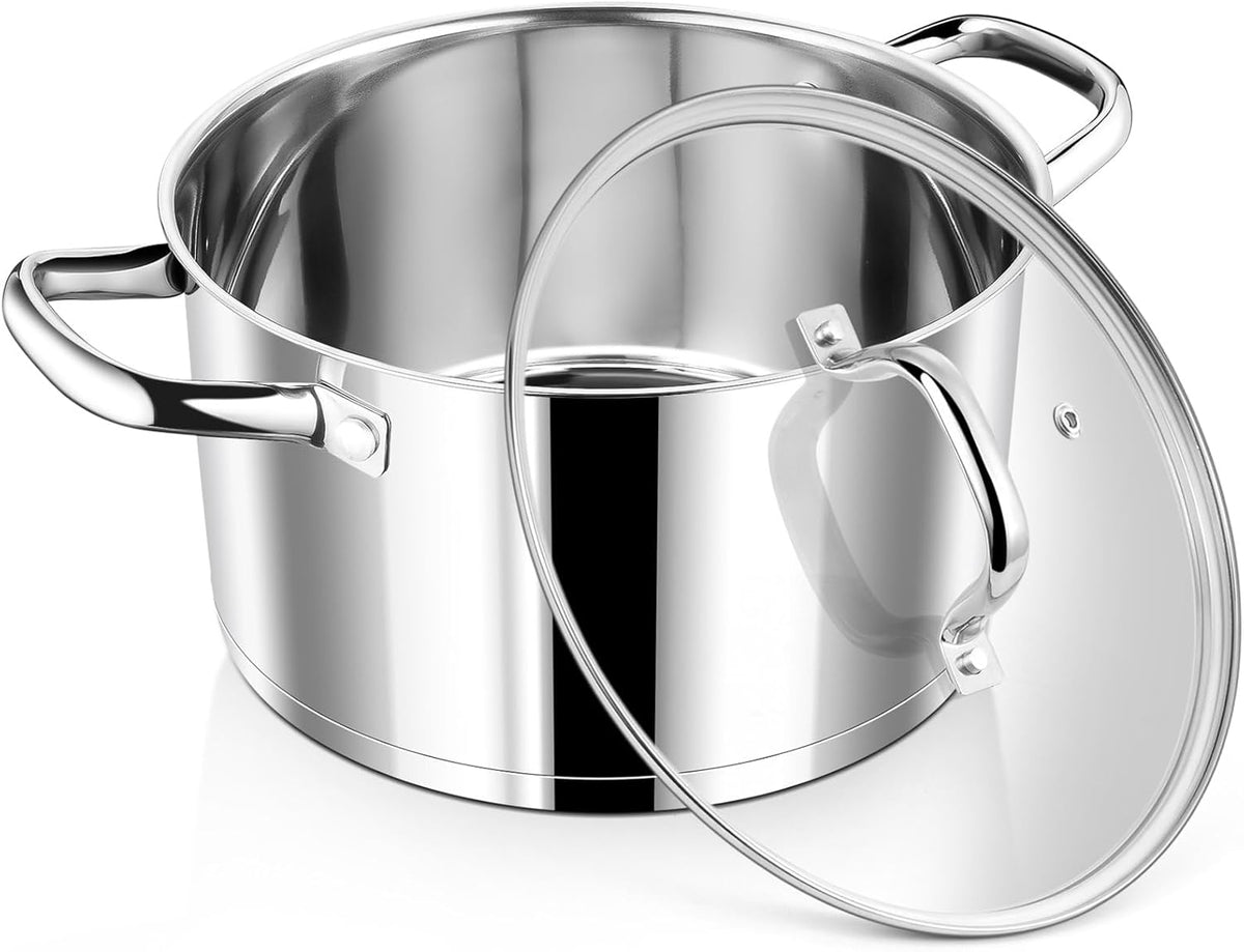 P&P CHEF 6 Quarts Cooking Stock Pot with Lid, Stainless Steel Stockpot Induction Pot for Soup, Tri-Ply Bottom & Clear Glass Lid & Double Handle, Dishwasher Safe