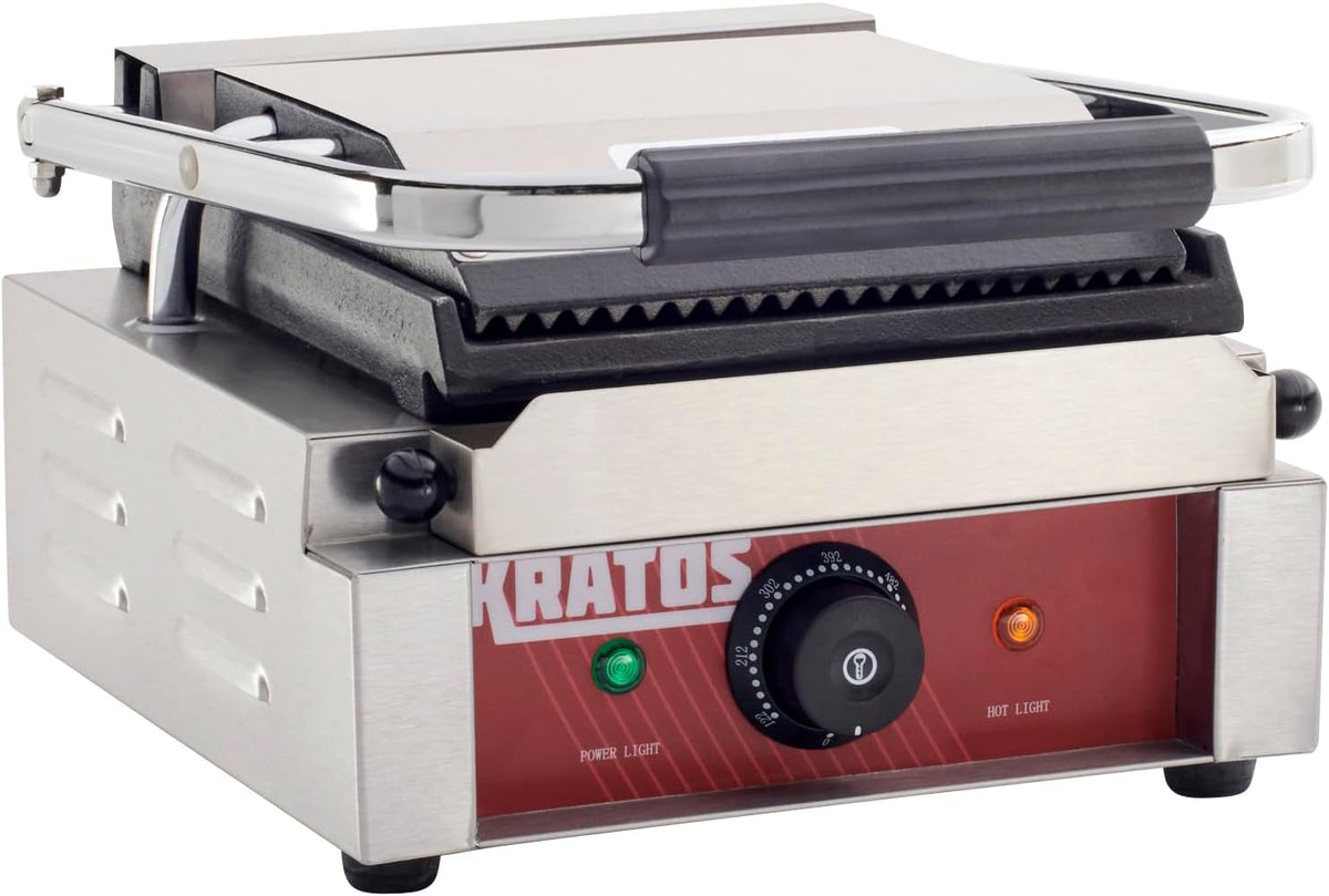 Kratos Commercial Electric Panini Sandwich Grill with Grooved Top and Smooth Bottom Plates, 9" x 9" Cooking Surface, Commercial Countertop Panini Press, 120V, 1750W (29Y-019)