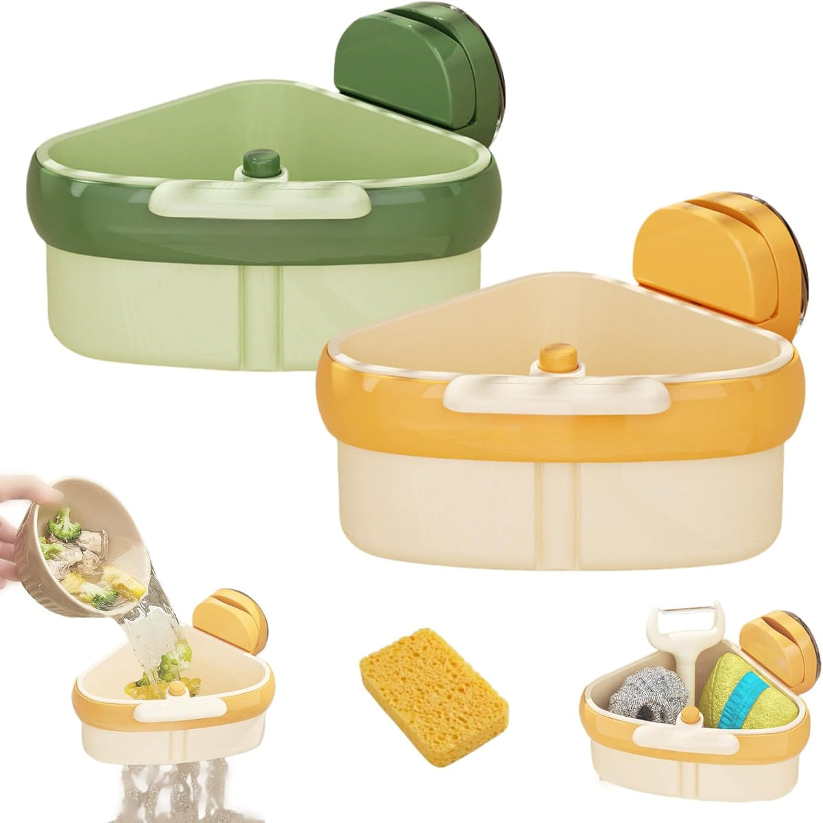 Suction Cup Sink Corner Rack, 2025 Upgraded Automatic Dumping Sink Strainer Basket, Suction Cup Press Sink Drainer Basket, No Drilling Corner Sink Strainer for Food Waste (Mix, 2Pcs)