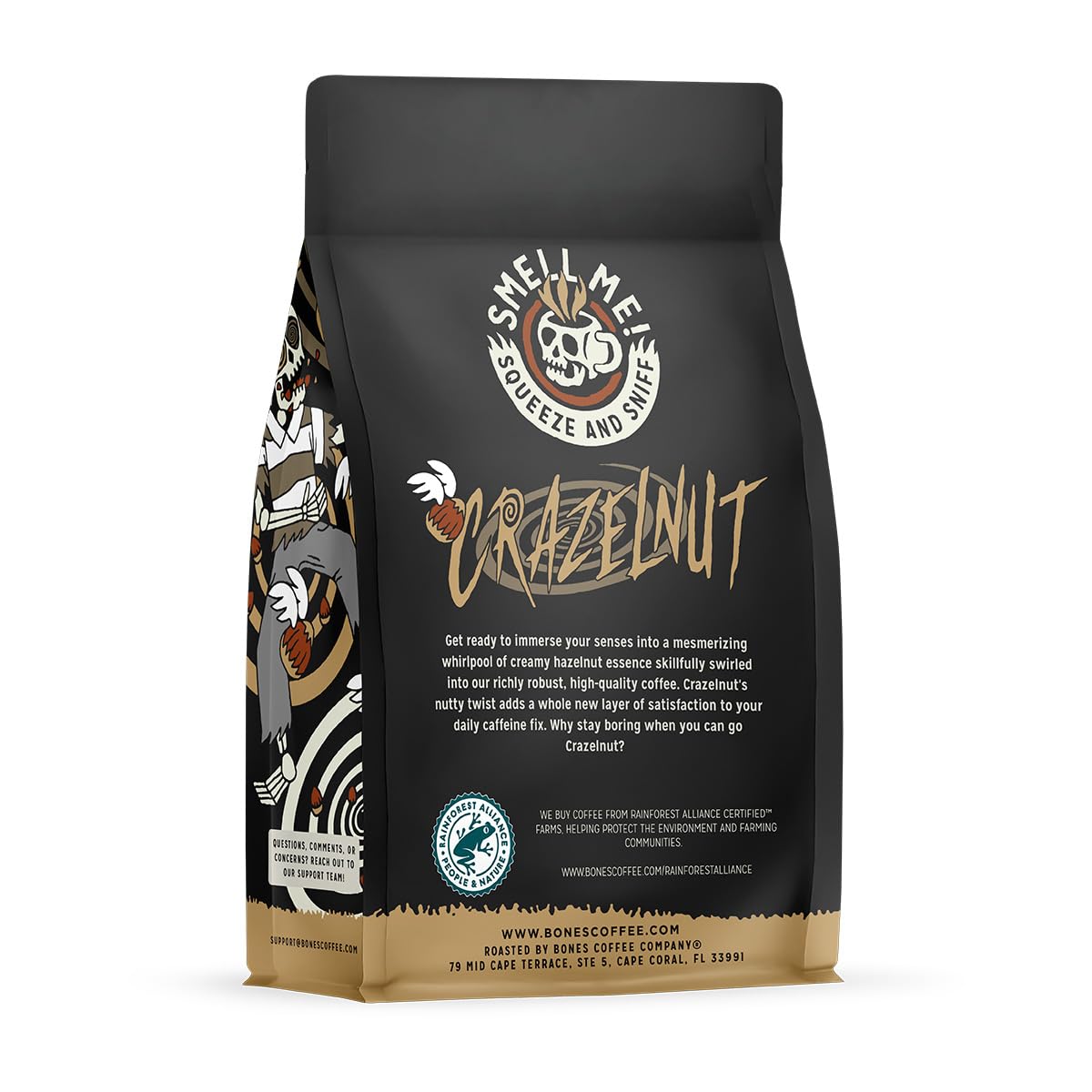 Bones Coffee Company Crazelnut, Hazelnut Flavored Coffee, Medium Roast Low Acid Arabica Beans Compatible with Auto drip and French Press Coffee Maker, 12 Oz Whole Bean