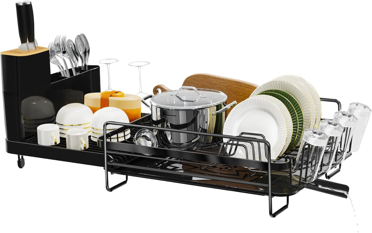 Runnatal Large Dish Drying Rack with Drainboard Set, Dish Rack, Extendable Dish Rack, Utensil Holder, Cup Holder, Expandable Dish Drainer for Kitchen Counter