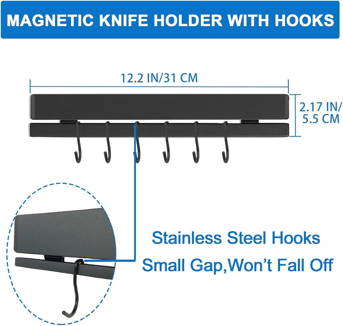12 Inch Magnetic Knife Holder for Wall, Adhesive Knife Magnetic Strip No Drilling with 6 Hooks, Powerful Magnetic Knife Strip, Magnetic tool Holder for Kitchen Knives & Utensils (Black)