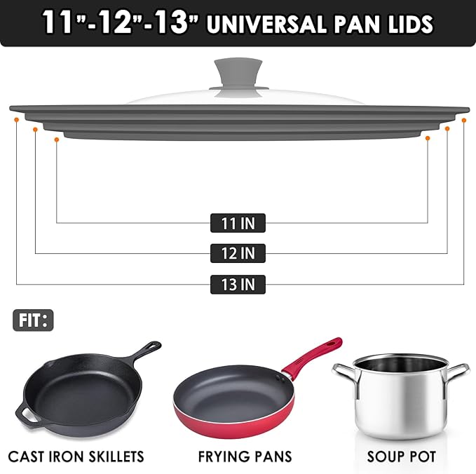 Universal Pan Lids, Silicone Pot lids for Pots, Pans & Skillets - Fits 11", 12" & 13" Diameter Cookware, Replacement Frying Pan lid, Dishwasher Safe (Grey)