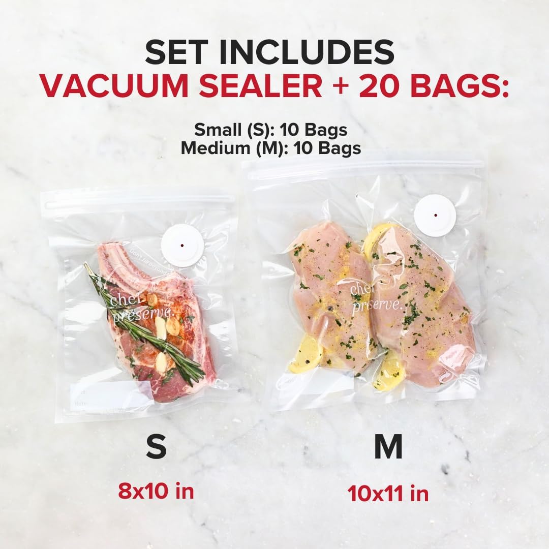 Chef Preserve Compact Vacuum Sealer for Food (Vacuum Sealer Machine + 20 Reusable Vacuum Bags) Powerful Handheld Vacuum Sealer Machine, Seal Meal Saver, Portable Food Sealer