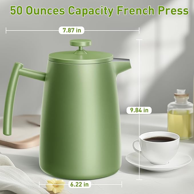 Secura 50oz French Press Coffee Maker – 304 Stainless Steel, Insulated Coffee Press with Extra Filter, Green