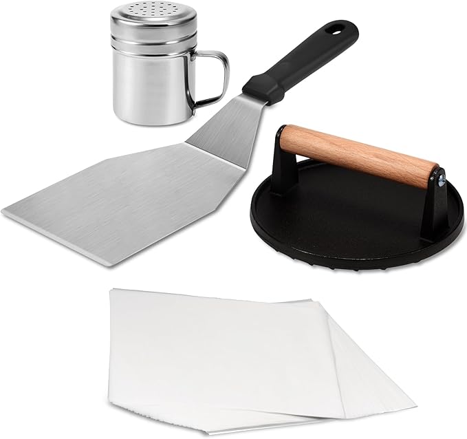 EWFEN Smash Burger Kit, Cast Iron Press, Spatula, Seasoning Shaker and Patty Papers, Flat Top Griddle Grill Cooking, Outdoor Barbecues