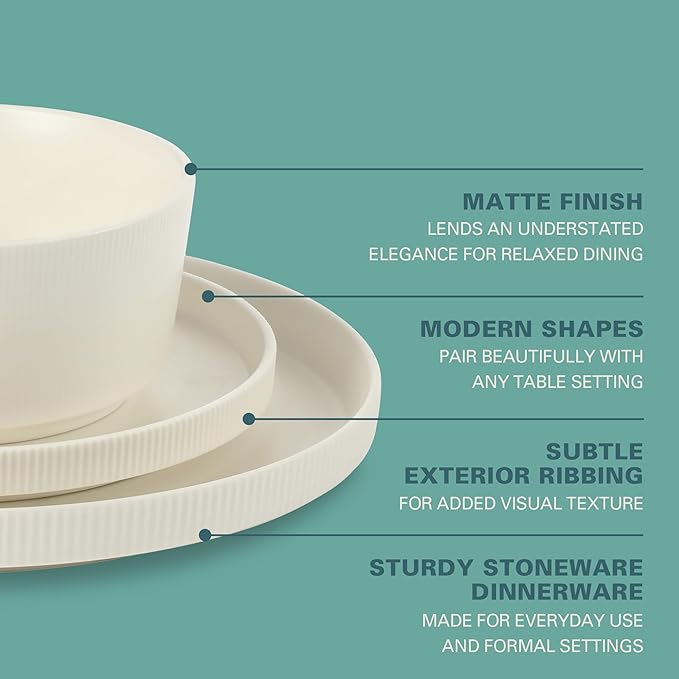 Gibson Home Dempsey Road 12-Piece Stoneware Dinnerware Set – Service for 4, Round White Plates and Bowls, Durable Solid Color Modern Embossed Dish Set, Microwave & Dishwasher Safe