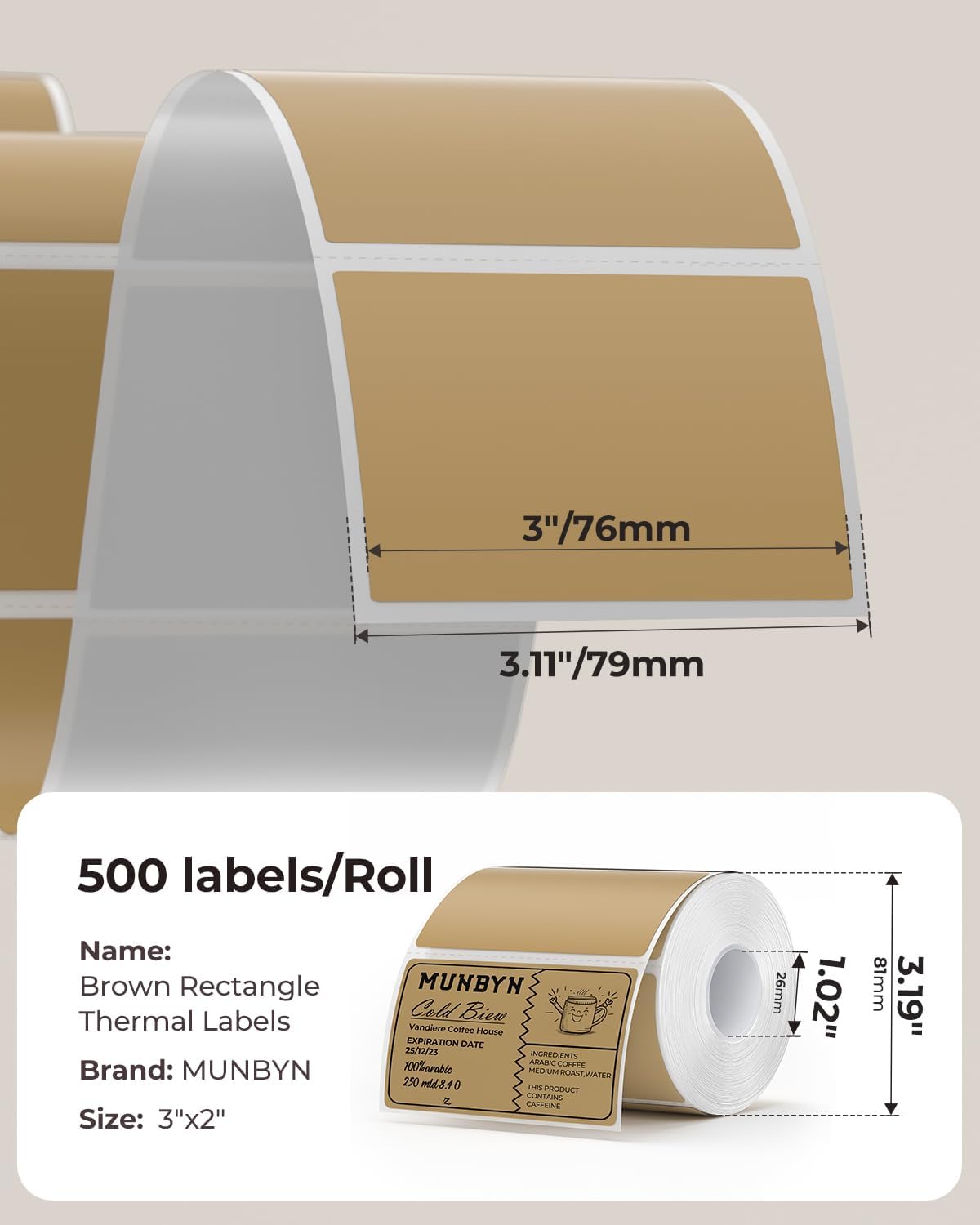 MUNBYN 3x2 Inch Brown Thermal Labels, Thermal Sticker Labels for Price, Barcode, Mailing, Name, 500 Sheets/1 Roll