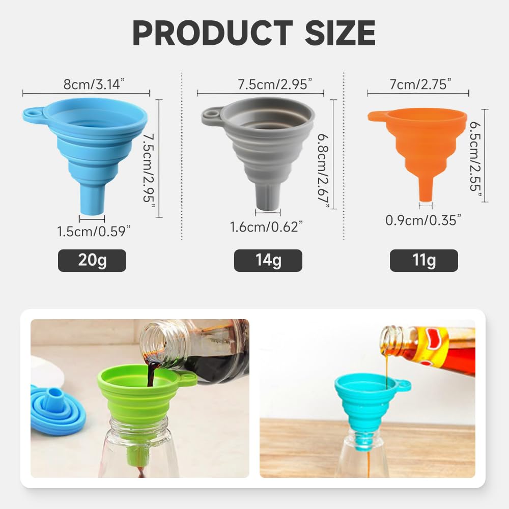 Kitchen Funnel Set, 2025 Upgrade Silicone Collapsible Funnel Silicone Collapsible Food Funnels for Kitchen 3 Sizes Funnels for Home Use Filling Bottles Daily Cooking (Green, 2Set 11+14+20g)