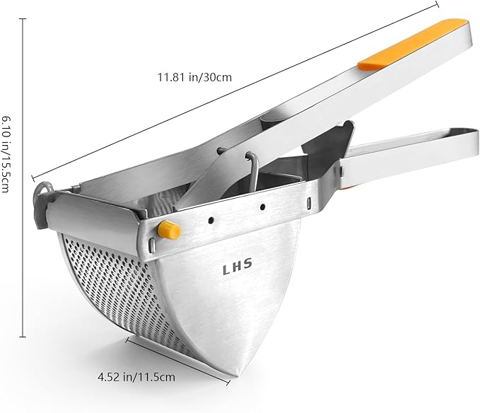 LHS Stainless Steel Potato Ricer and Masher, Heavy Duty Commercial Food Masher, Ergonomic Comfort Grip, Extra Large Capacity, Dishwasher Safe (Orange)