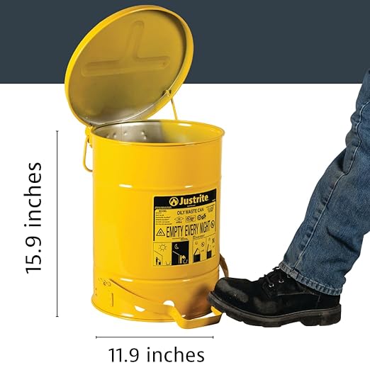 Justrite 6 Gallon Galvanized Steel Oily Waste Can, 16" x 12" Metal Oil Rag Safety Can With Foot Operated Self-Closing Lid for Oil Rag Disposal, Made in the USA, Yellow, 09101
