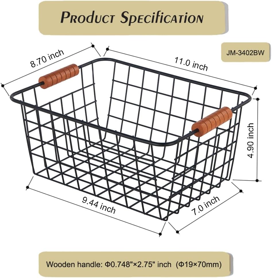 Wire Kitchen Storage Basket 4 Packs,Perfect Pantry Organization Accessories Baskets,Laundry Basket,With a Wooden handle,Suitable for Kitchen,Bathroom,Bedroom,Tabletop,Stackable,Black