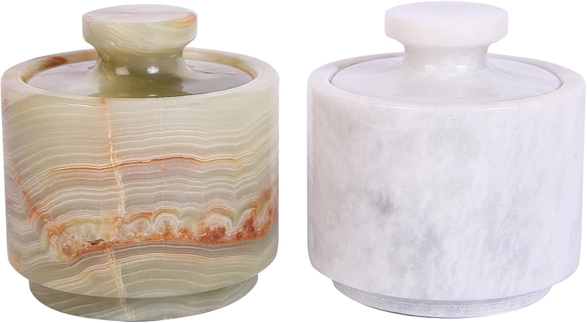 Marble Salt Cellar With Lid- Pack Of 2 Marble Salt And Pepper Bowls- Salt Holder With Lid To Put Salt, Paprika, Pepper, And Spice (Onyx Green & White, Style 01)