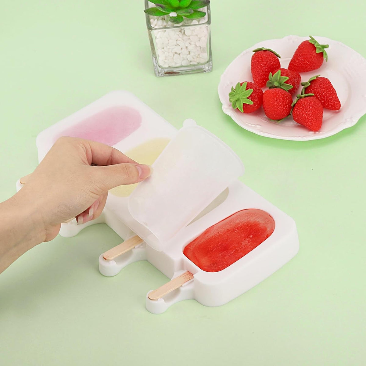 3 Set Popsicles Molds with Lids and 100 Pcs Wooden Popsicles Sticks, Standard Size 4 Cavities Silicone Ice Pop Molds for Making Cakesicles, Cake Pops, Ice Cream - BPA Free