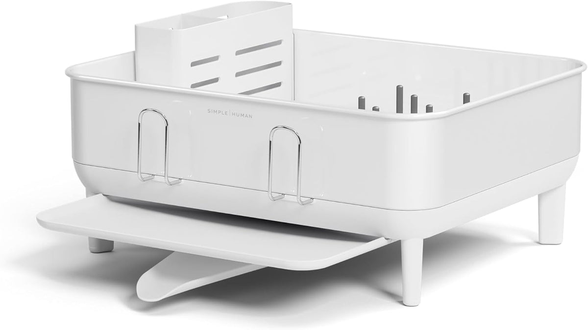 simplehuman Compact Dish Drying Rack with Stainless Steel Frame, 360º Easy Drain Swivel Spout, Utensil Holder, Anti-Residue Coating, Moisture Control Surface, White