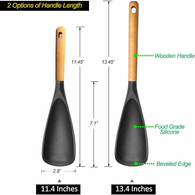 Cooking Spoon Set for Nonstick Cookingwares with Lengthed Wooden Handle, VOVOLY Silicone Spatula Spoon for Mixing, Scoop, and Scrape, Black, 13.4'', 2-Pack