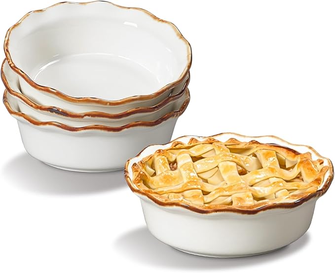 ONEMORE Mini Pie Pans, 6.8 inch Ceramic Pie Dish for Baking Nonstick Small Pie Pans Deep Dish Pie Plates Mini Tart Pans, Ideal for Chicken Pot Pie & Desserts, Individual Pot Pie Baking Dishes Set of 4