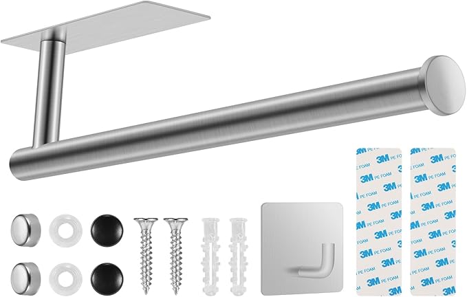 2nd Gen Paper Towel Holder Under Cabinet No Drilling, [More Sturdy] Self Adhesive or Drilling Paper Towel Holder Wall Mount for Kitchen, RV, [Fit Mega Paper Towel Roll] SUS304 Stainless Steel