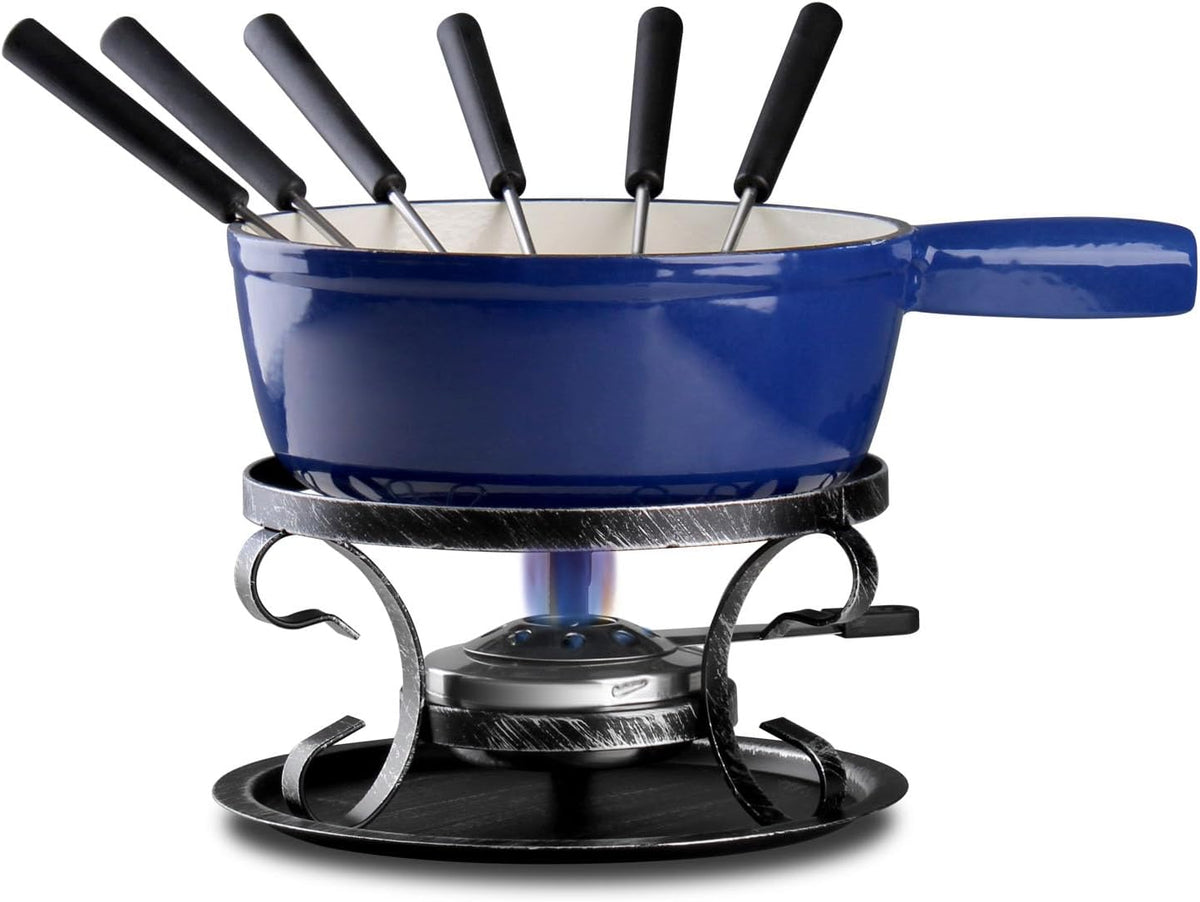 Artestia Swiss Fondue Set – Cast Iron Traditional 2L Cheese & Chocolate Fondue Pot for 4-6 People – Ideal for Melting Cheese, Chocolates, Caramel, & More, Blue