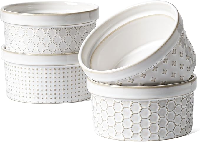 LE TAUCI Ramekins 12 oz, Ramiken for Creme Brulee, Souffle, Dipping Sauce, Ceramic Embossment Housewaming Present -4.8 inch, Set of 4, Arctic White