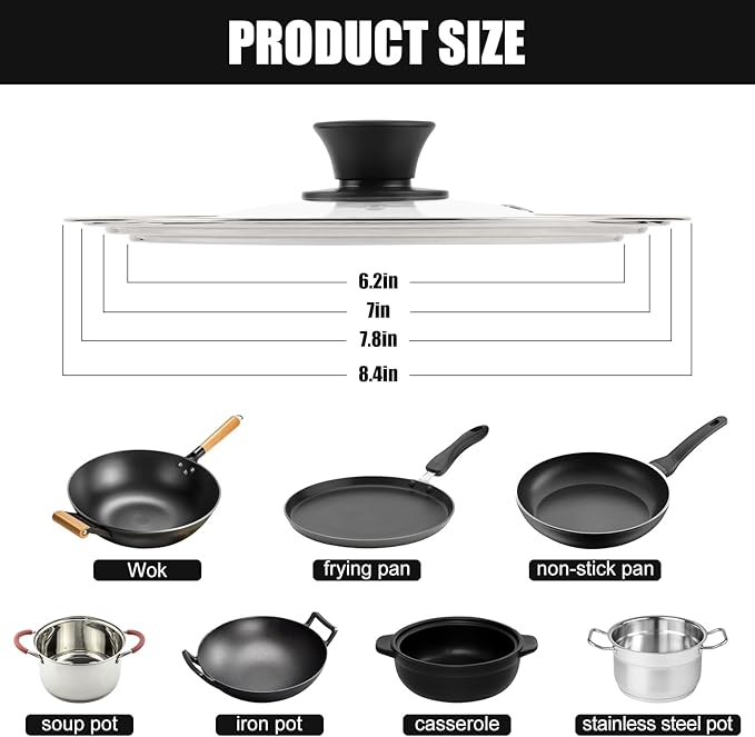 Universal Lid for Pots, Pans and Skillets, Fits 6.5, 7 and 8 Inch Cookware, Replacement Frying Pan Cover with Tempered Glass Top, Stainless Steel Cast Iron Skillet Lids - Heat Resistant Handle