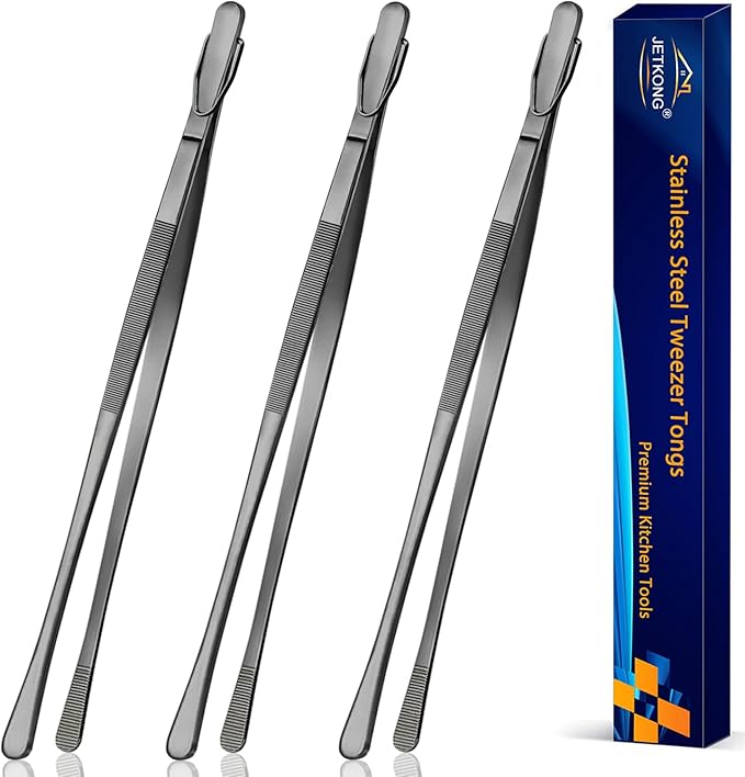 JETKONG 3 Pcs 14-Inch Long Stainless Steel Thin Tongs Heavy Duty Kitchen Cooking Tweezers Tongs (14 14 14 Inch, Black)