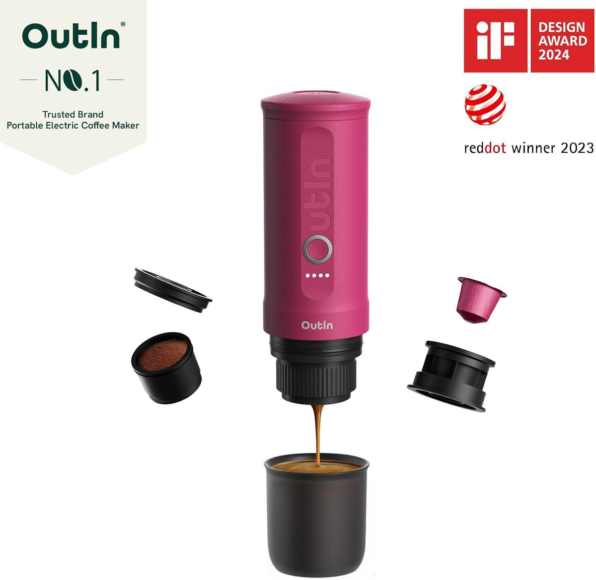 OutIn Nano Portable Electric Espresso Machine, Travel Coffee Maker for Camping, Car Coffee Maker Self-Heating with USB-C, With Ground Coffee & NS Capsule for RV, Hiking, Office