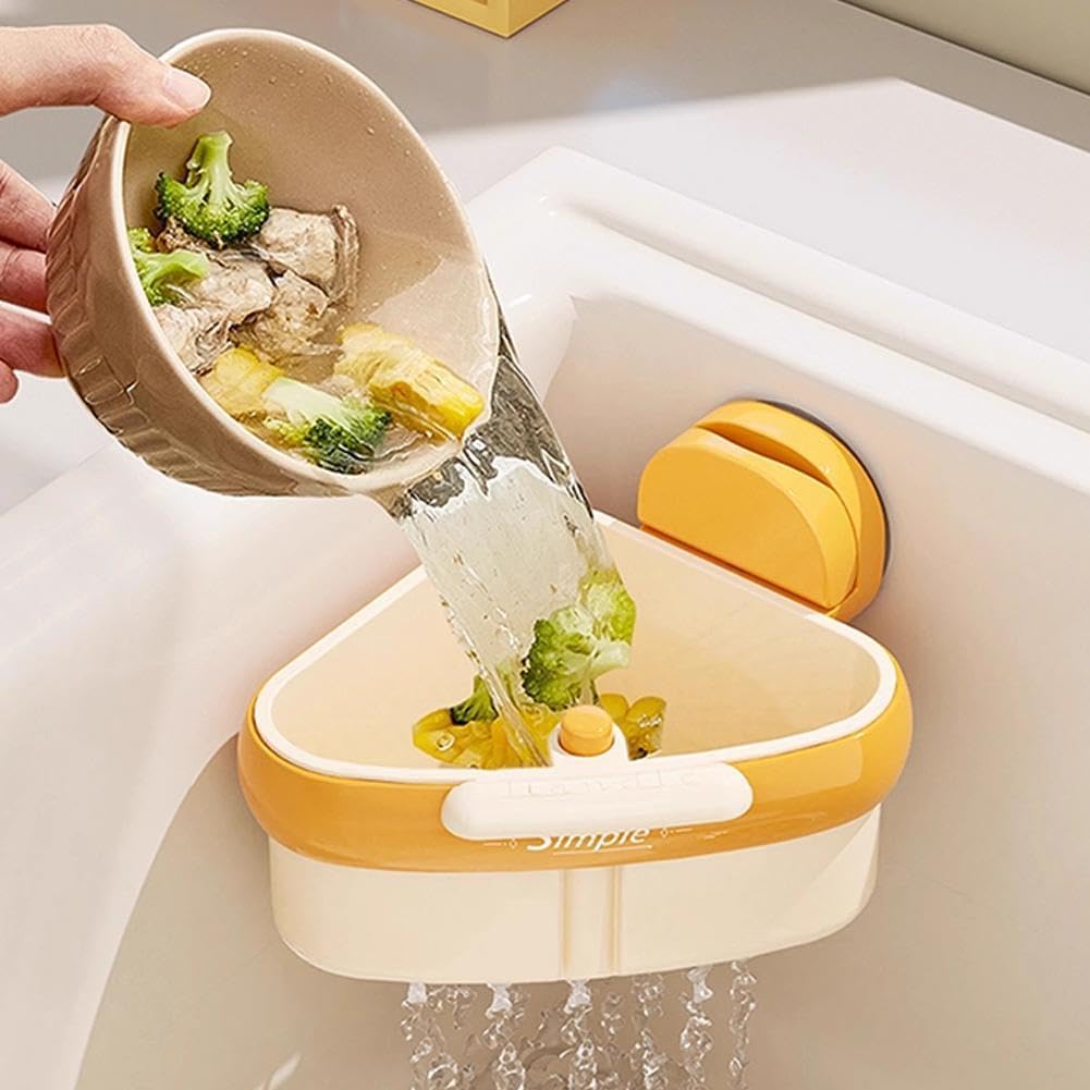 Corner Sink Strainer,2025 New Suction Cup Press Sink Strainer Basket,Automatic Dumping food Waste Catcher for Sink,Faucet Sponge Storage Rack,Corner Sink Trash Catcher for Food Waste (Yellow 1PCS)