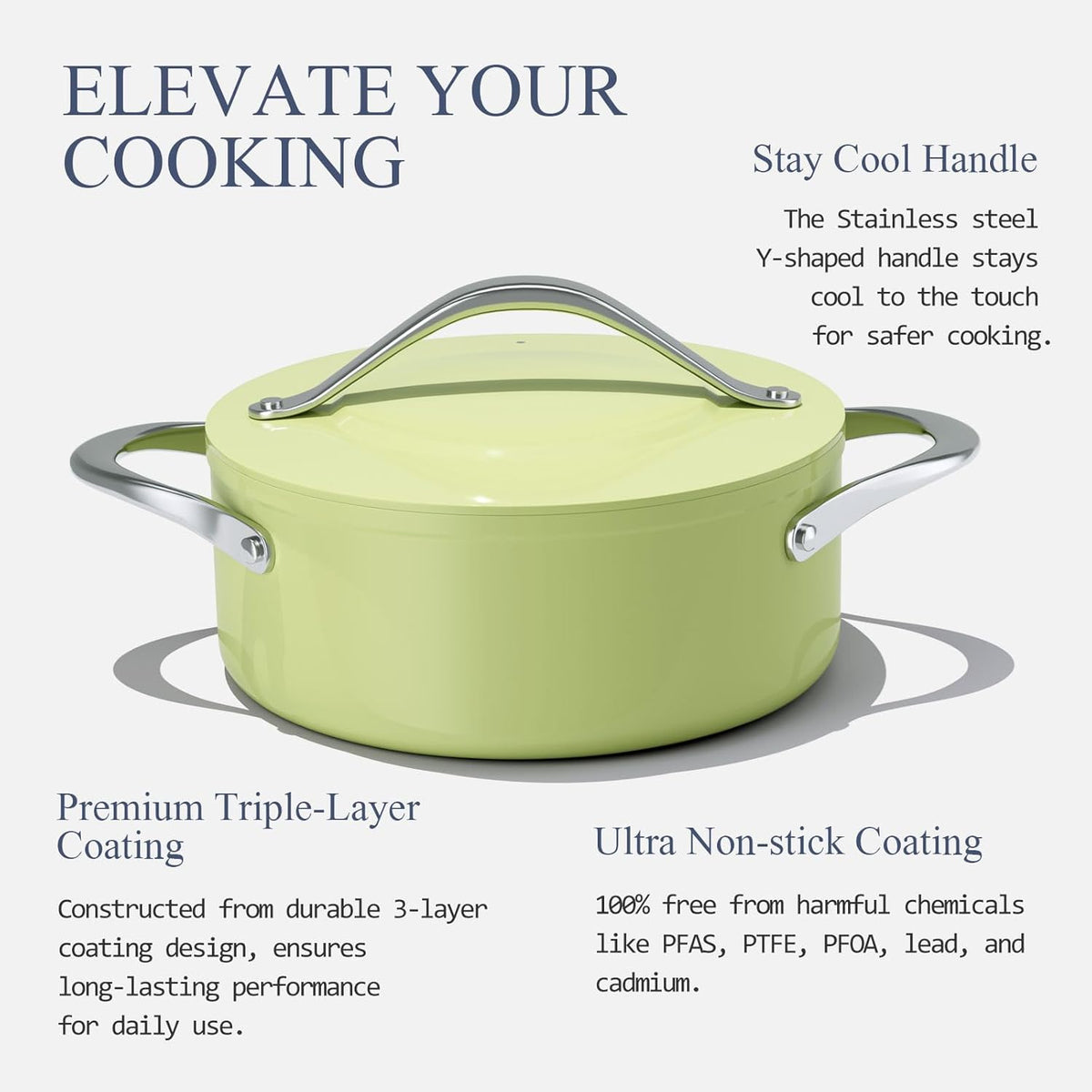 Stock Pot 4.5qt Dutch Oven with Lid (9.5") Nonstick Ceramic Coated Non-Toxic PFAS-Free Even Heat Distribution for Braising, Baking Bread & Soups, Compatible for All Cooktops(Induction/Gas/Electric) Oven Safe to 500°F (Avocado Green)
