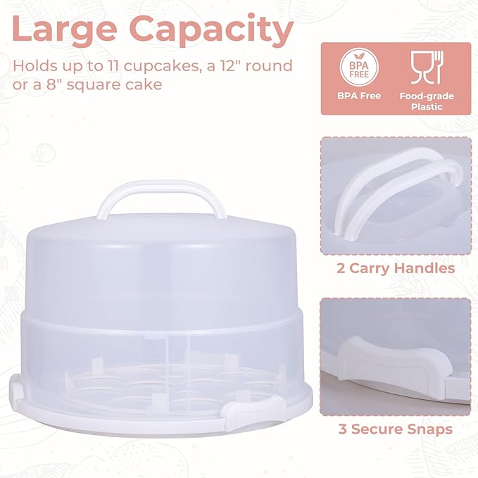 12in Extra Large Cake Carrier with Lid and Handle, Holds up to 12" round 7" high cake, Portable Cake Container for Transport Pies, Cupcakes, Cakes and More