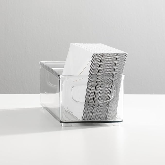 mDesign Small Plastic Office Storage Container Bins with Handles for Organization in Filing Cabinet, Closet Shelf, or Desk Drawers, Organizer for Notes, Pens, Pencils, Ligne Collection, 6 Pack - Clear