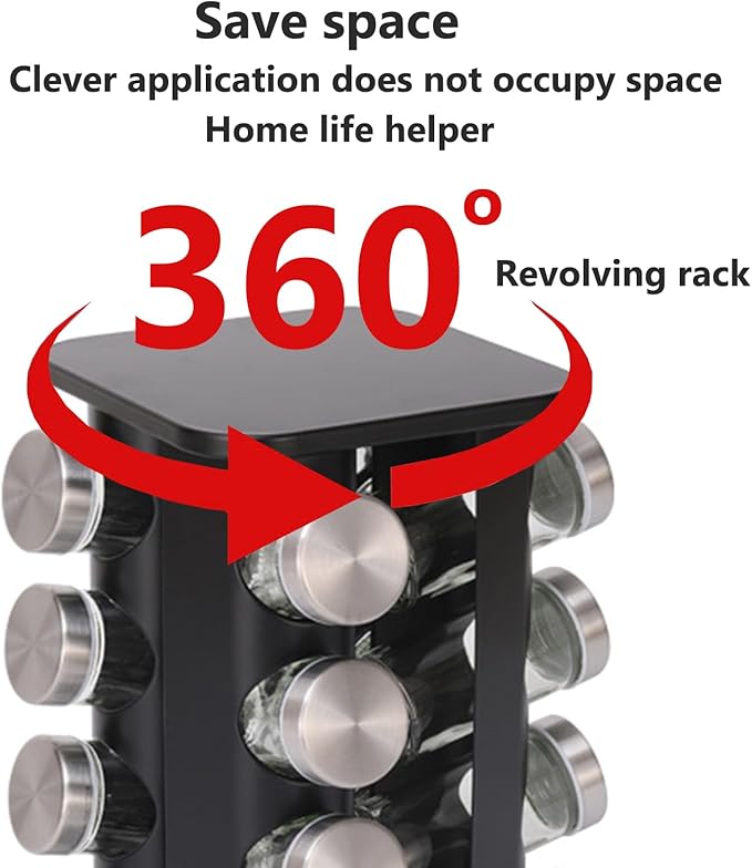 Spice Rack, Spice Rack Organizers for Countertop, Rotating Countertop Spice Rack, Revolving Spice Rack for Kitchen, Kitchen Gadgets, Organizer Rack with Spice Jars (Black, SquareHead_20Jars)