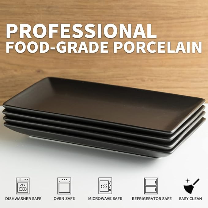 YHOSSEUN Ceramic Serving Platters Set of 4, Rectangular Serving Platters and Trays for Food, Sushi, 9.8 In Serving Dishes for Entertaining, Matte Black Serving Plate Halloween Table Decor