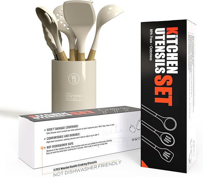 Silicone Cooking Utensils Set - 446°F Heat Resistant Silicone Kitchen Utensils for Cooking,Kitchen Utensil Spatula Set w Wooden Handles and Holder, BPA FREE Gadgets for Non-Stick Cookware (Khaki)