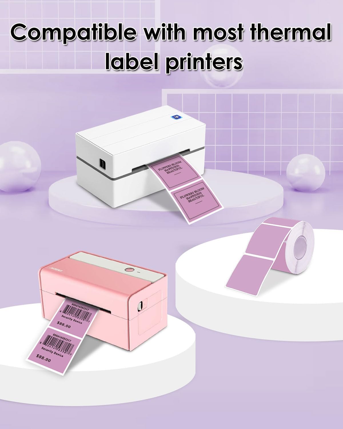 iEager Purple Square Thermal Label Stickers, 2"x2" Self-Adhesive Square Direct Thermal Labels with Perforation Line, 500 Sheets/Roll