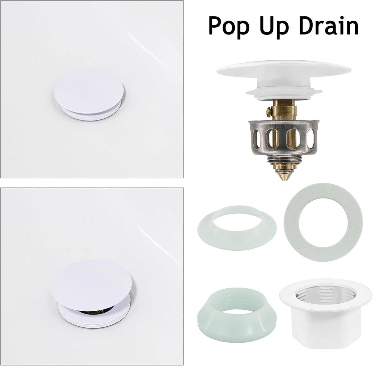 Bathroom Sink Drain,2 Pack White Drain Stopper Bathroom Sink With Overflow,Pop Up Drain Assembly with Detachable Strainer Basket,Built-in Anti-Clogging, Stainless Steel Nut